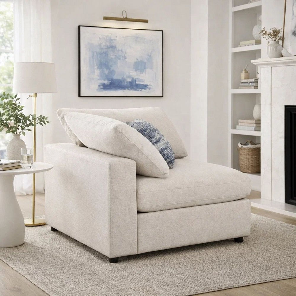 Fabric Upholstered Wooden Corner Chair with Loose Cushion Seat and Small Feet, Beige