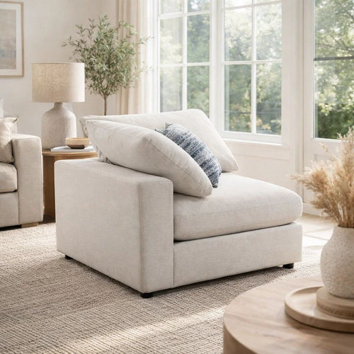 Fabric Upholstered Wooden Corner Chair with Loose Cushion Seat and Small Feet, Beige