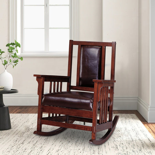 Mission Style Rocking Chair Leather Upholstered Seat & Back Tobacco and Dark Brown CCA-600058