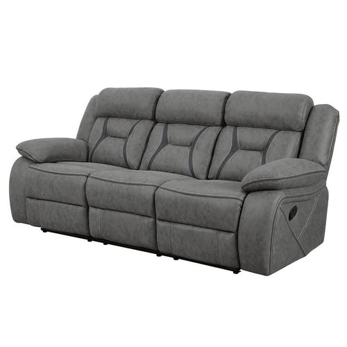 Fabric Upholstered Padded Microfiber Motion Sofa With Contrast Stitching, Gray