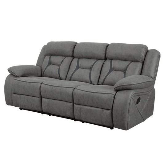 Fabric Upholstered Padded Microfiber Motion Sofa With Contrast Stitching, Gray