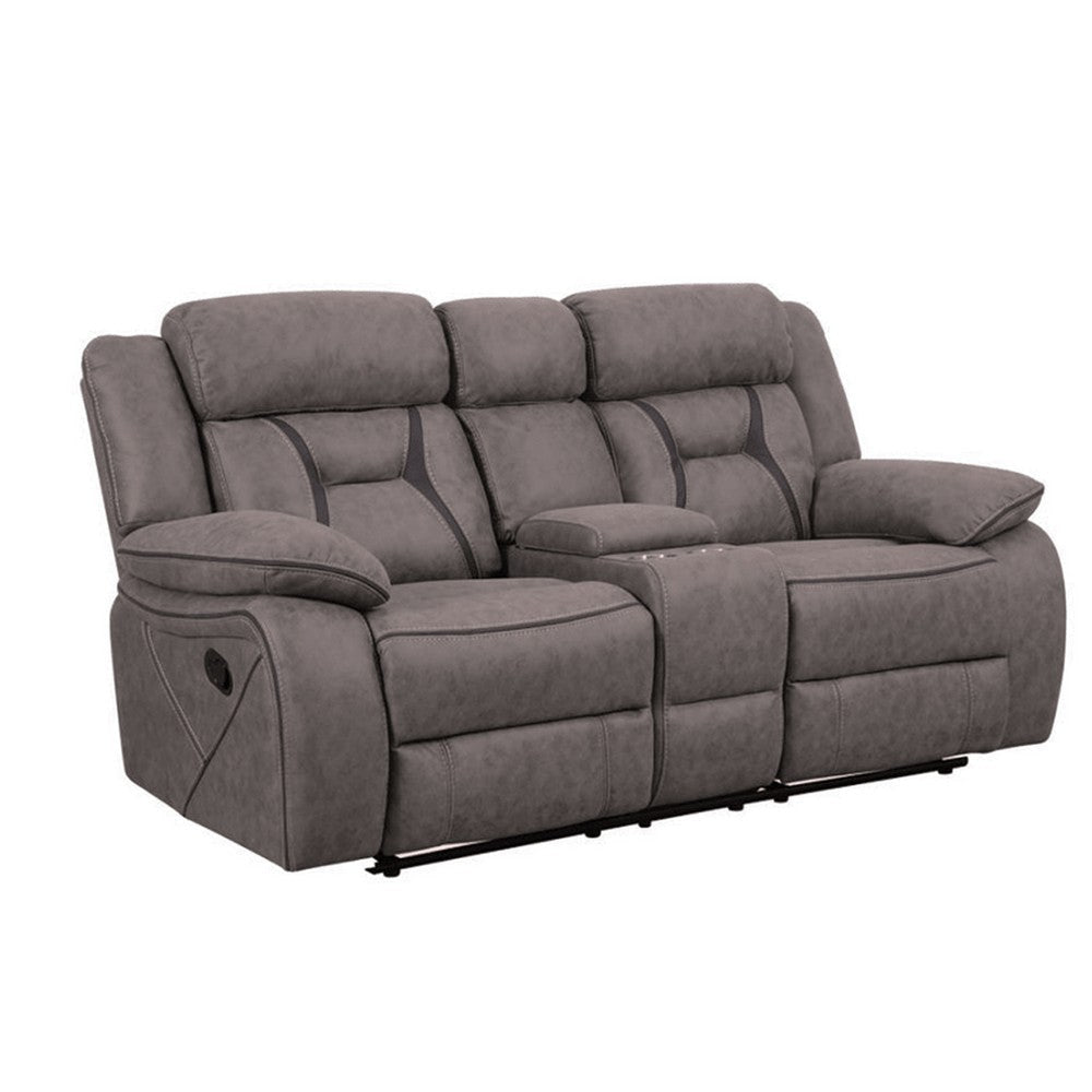 Fabric Upholstered Microfiber Motion Loveseat With Console, Gray