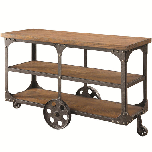 Industrial Style Solid Wooden Sofa Table With Metal Accents & Wheels, Brown - 701129