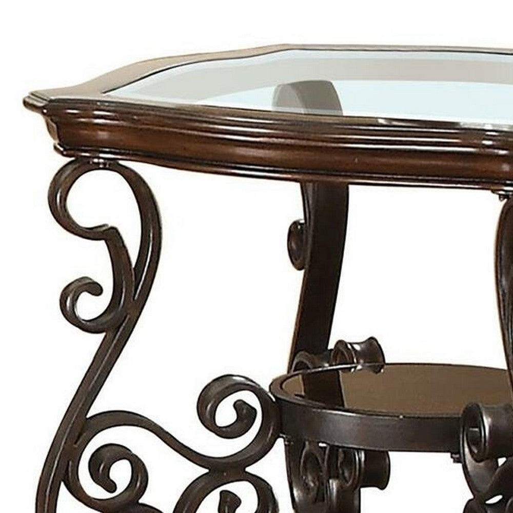 Traditional Solid End Table With Glass Inset Metal Scrolls & 2 Shelves Brown CCA-702447