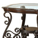 Traditional Solid End Table With Glass Inset Metal Scrolls & 2 Shelves Brown CCA-702447