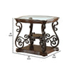 Traditional Solid End Table With Glass Inset, Metal Scrolls & 2 Shelves, Brown