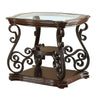 Traditional Solid End Table With Glass Inset, Metal Scrolls & 2 Shelves, Brown