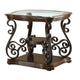 Traditional Solid End Table With Glass Inset, Metal Scrolls & 2 Shelves, Brown