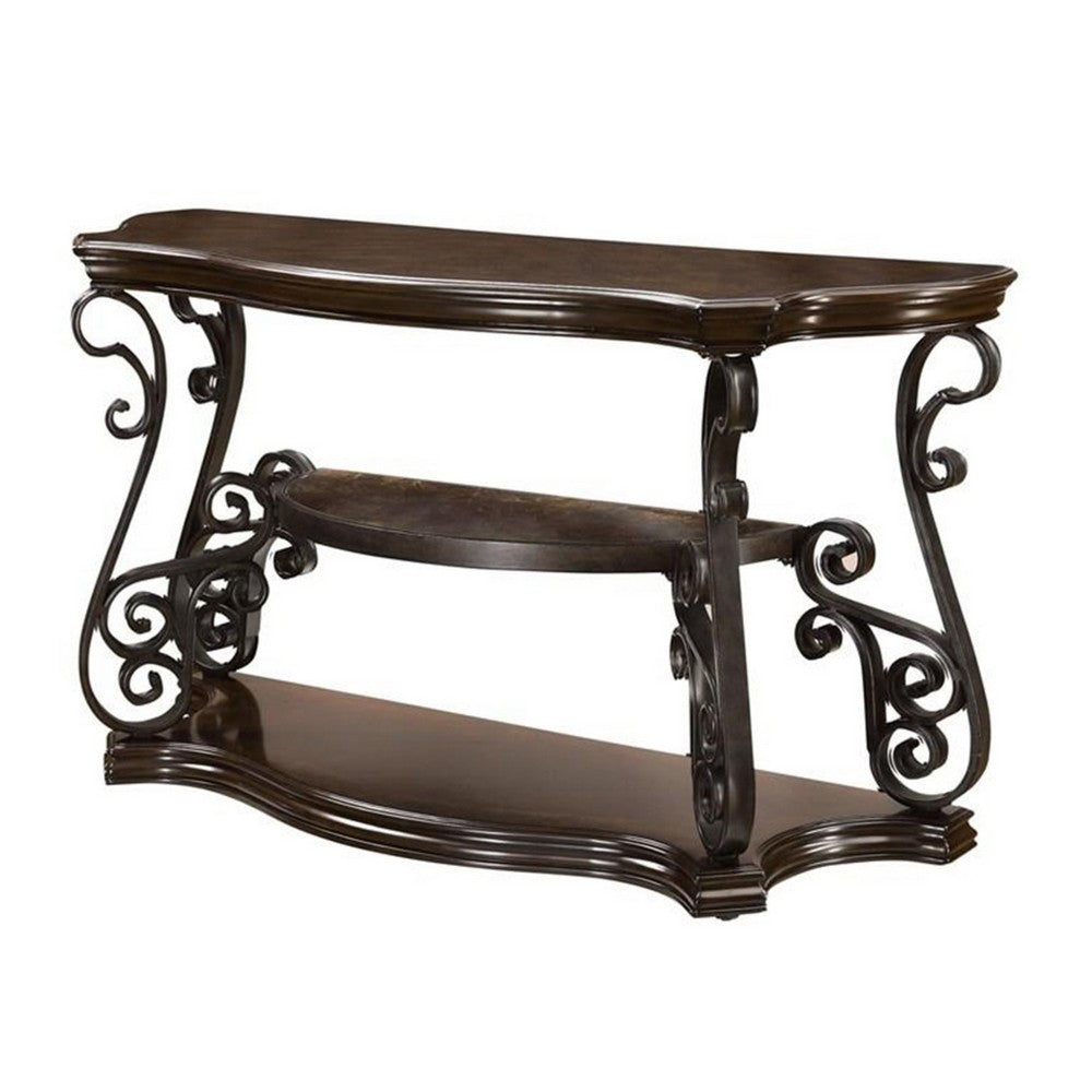 Sofa Table | Traditional Solid Wood | Glass Inset | Metal Scrolls