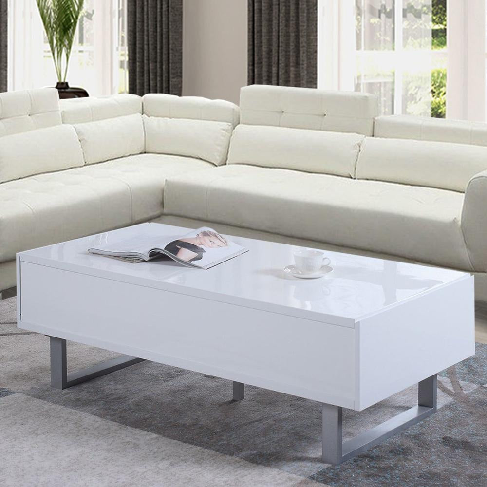 Contemporary Storage Coffee Table With Metallic Base, Glossy White - 705698