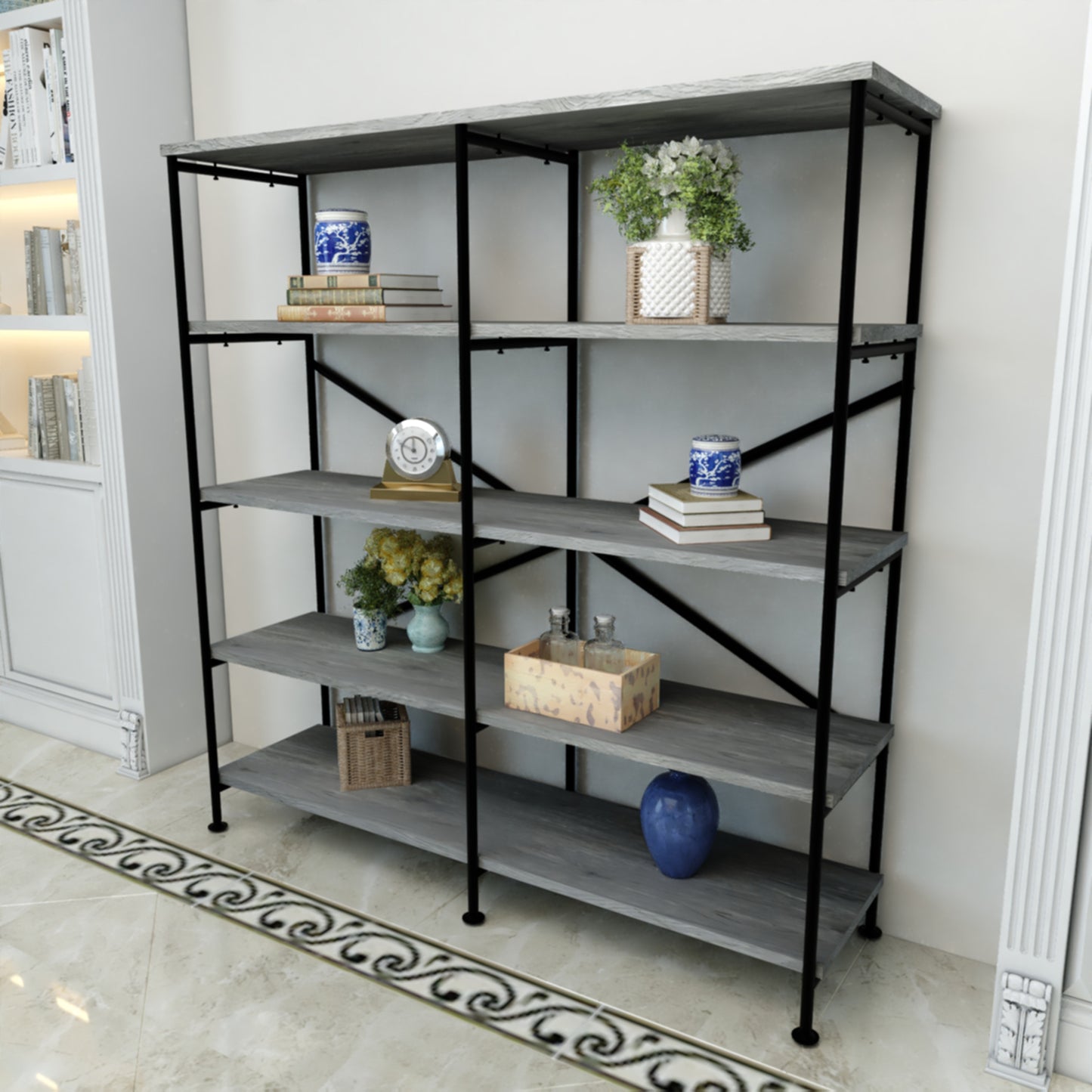 Olga 63 Inch Industrial 4 Tier Bookshelf Particleboard Metal Frame Gray Black - BM159421 BM159421