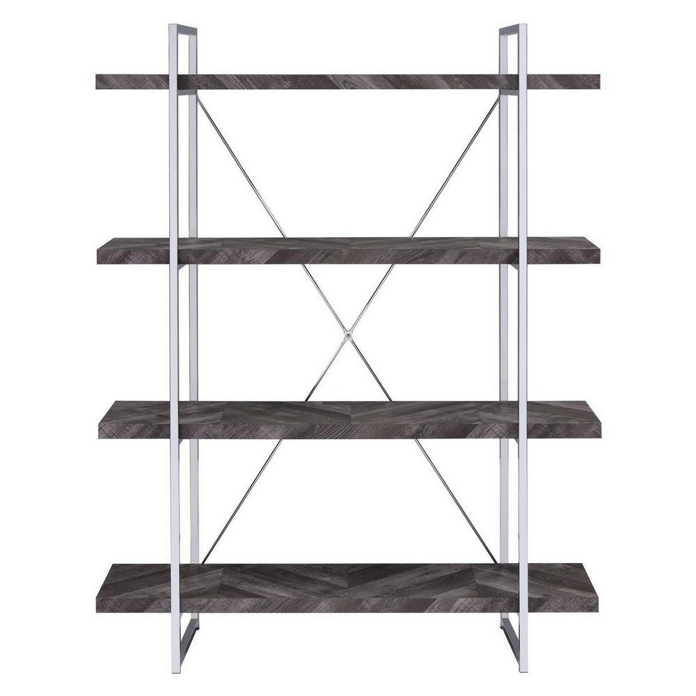 4 Shelf Wood and Metal Bookcase with X shape Back Support Gray and Silver CCA-802613