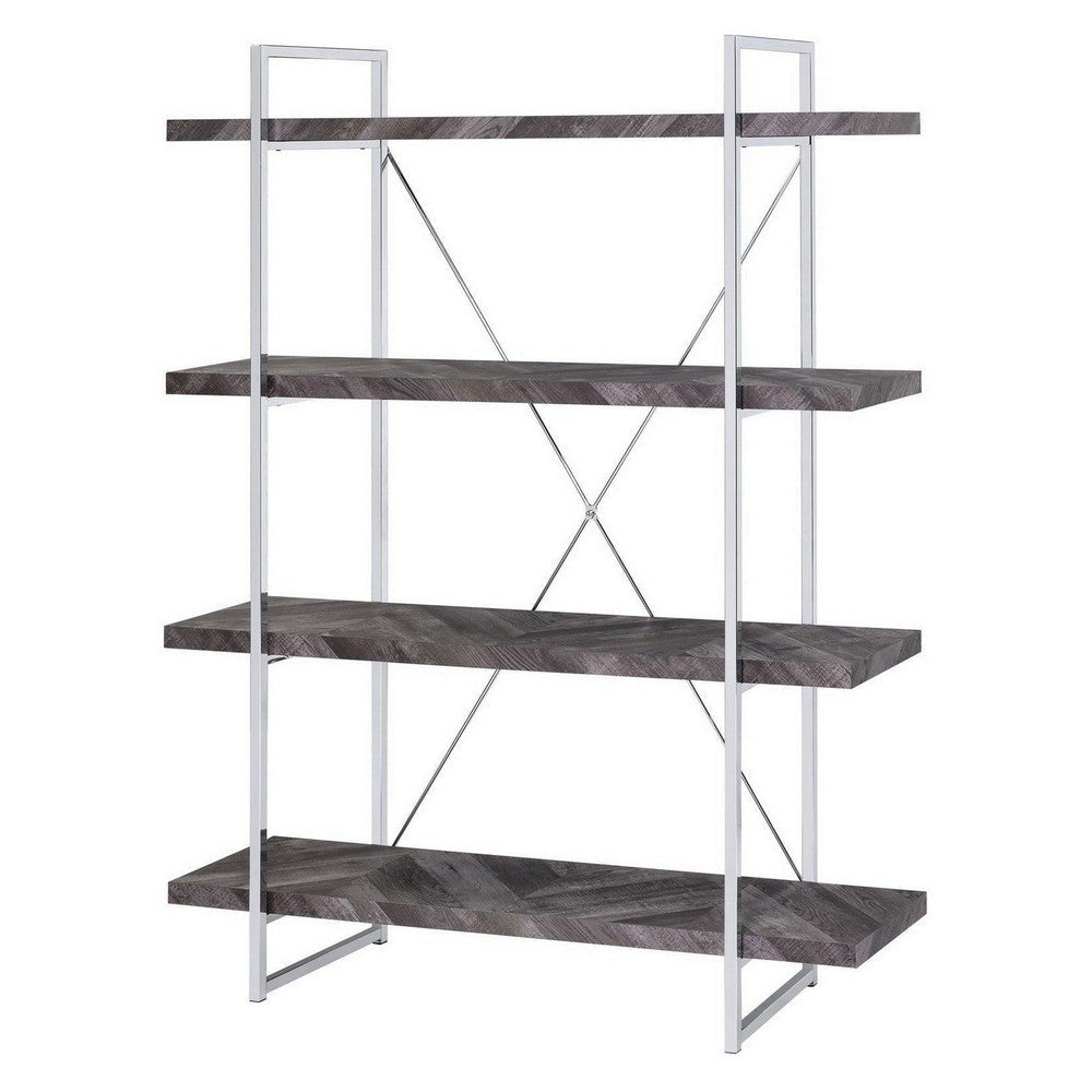 4 Shelf Wood and Metal Bookcase with X shape Back Support Gray and Silver CCA-802613