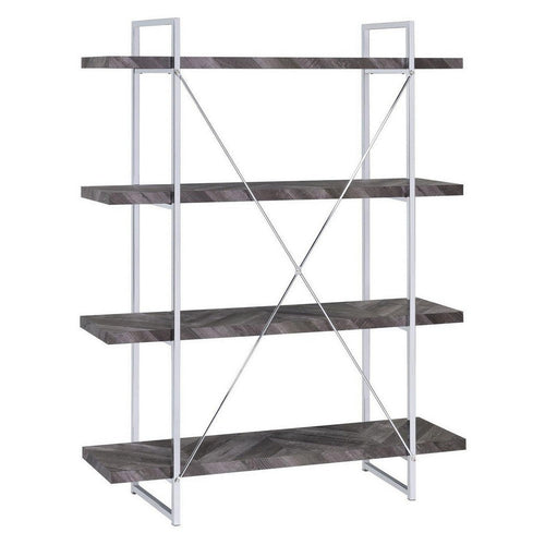 4 Shelf Wood and Metal Bookcase with X shape Back Support, Gray and Silver