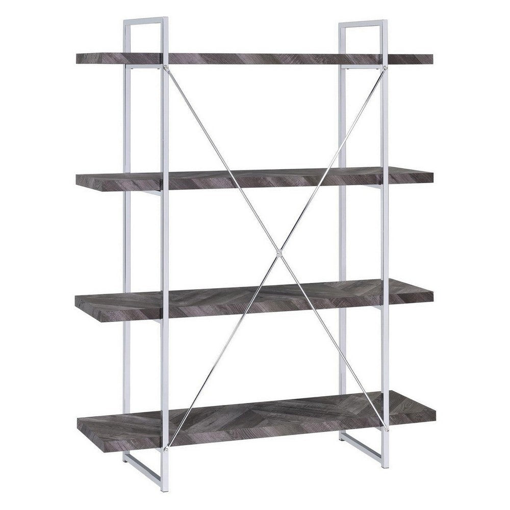 4 Shelf Wood and Metal Bookcase with X shape Back Support, Gray and Silver