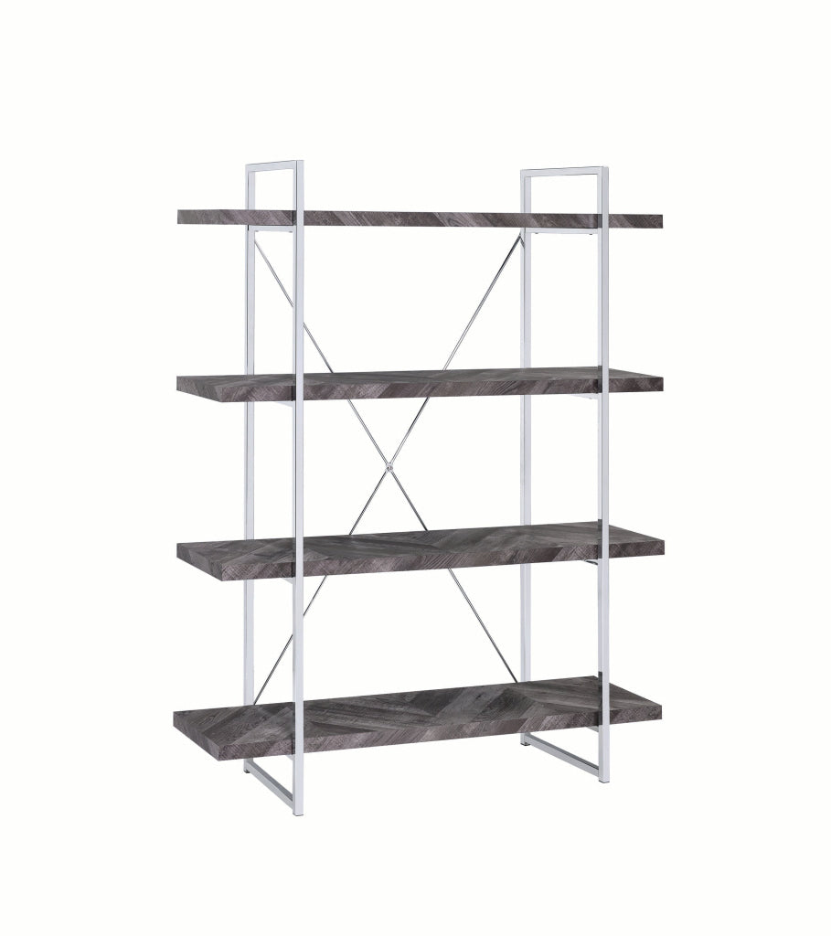 4 Shelf Wood and Metal Bookcase with X shape Back Support, Gray and Silver