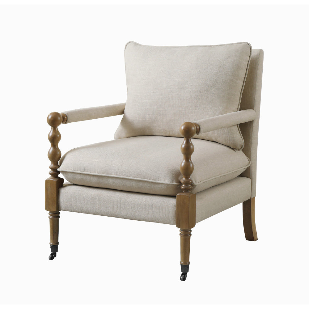 Fabric Upholstered Wooden Accent Chair with Manchette Armrest, Beige and Brown - 903058