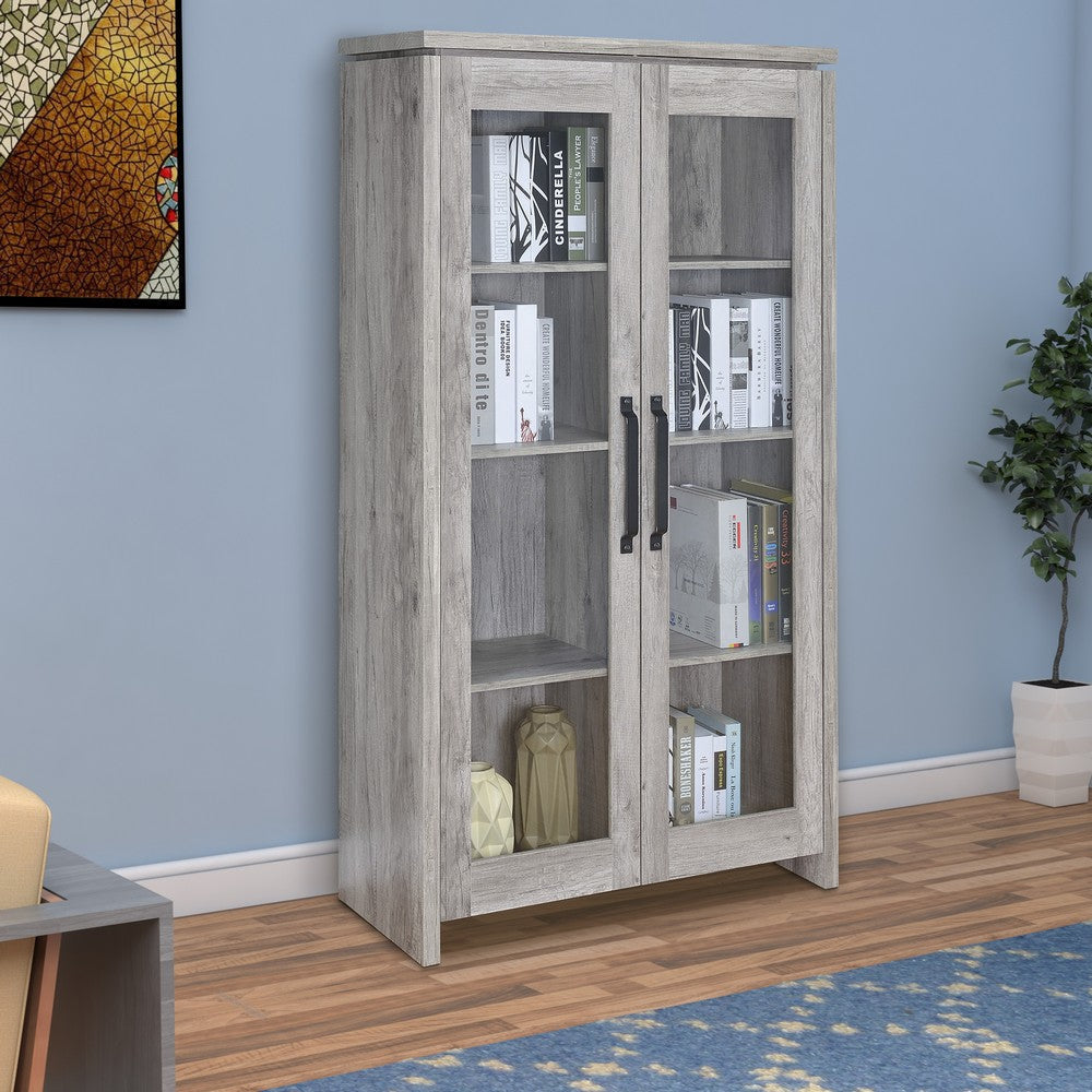 Curio Cabinet | Glass Doors | Spacious Wood Frame | Gray