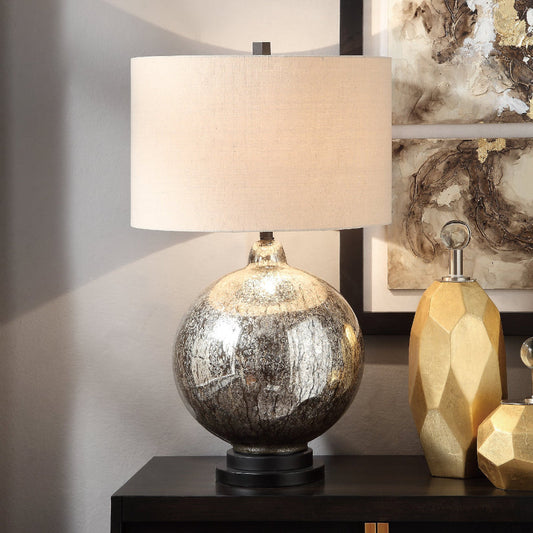 Table Lamp | Natural Tan Linen Shade | Glass Silver Metal Base | 31"