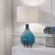 Table Lamp | White Drum Lampshade | Blue Teardrop Glass Base | 29"