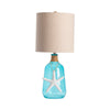 Coastal Table Lamp | Oatmeal Linen Shade| Blue Glass | White Resin Starfish
