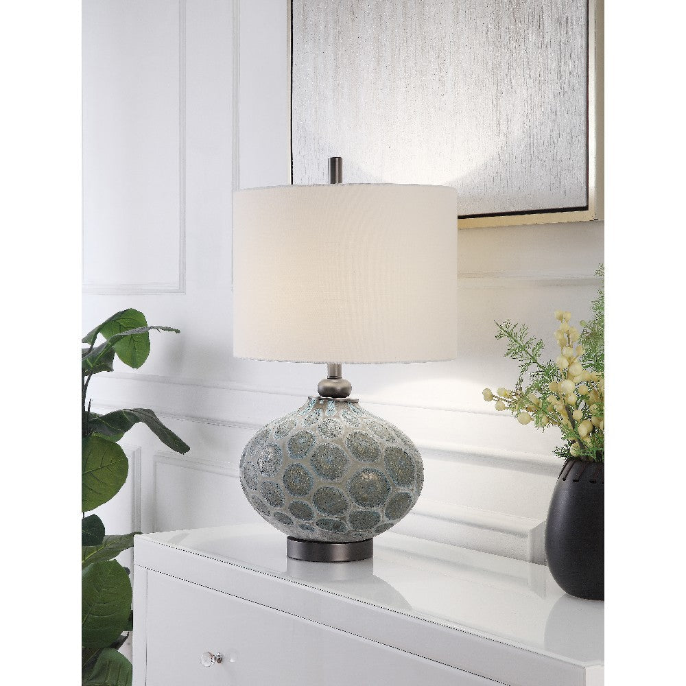 Table Lamp | White Linen Shade | Gray Glass and Metal Base 27"