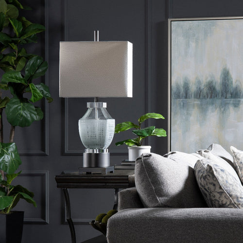 Table Lamp | White Linen Shade | Glass and Nickel Metal Base | 31"