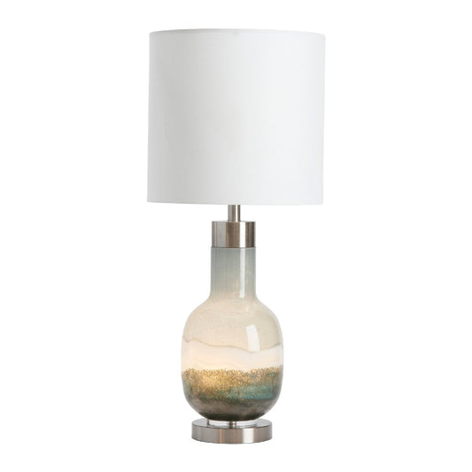 Table Lamp | White Faux Silk | Glass and Nickel Finished Metal | 31"