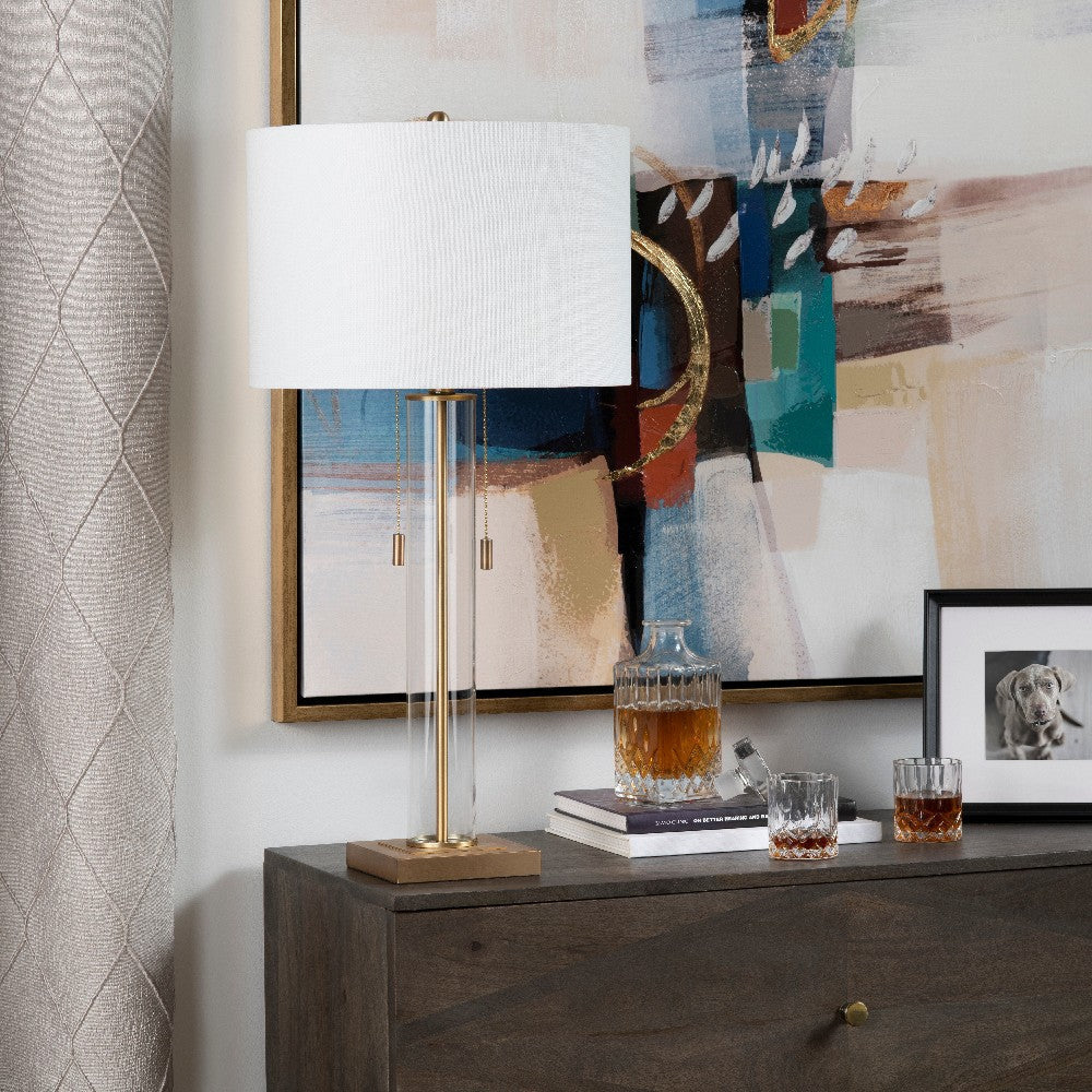 Enly Pull Chain Table Lamp, 30", White Drum Shade, Glass Base
