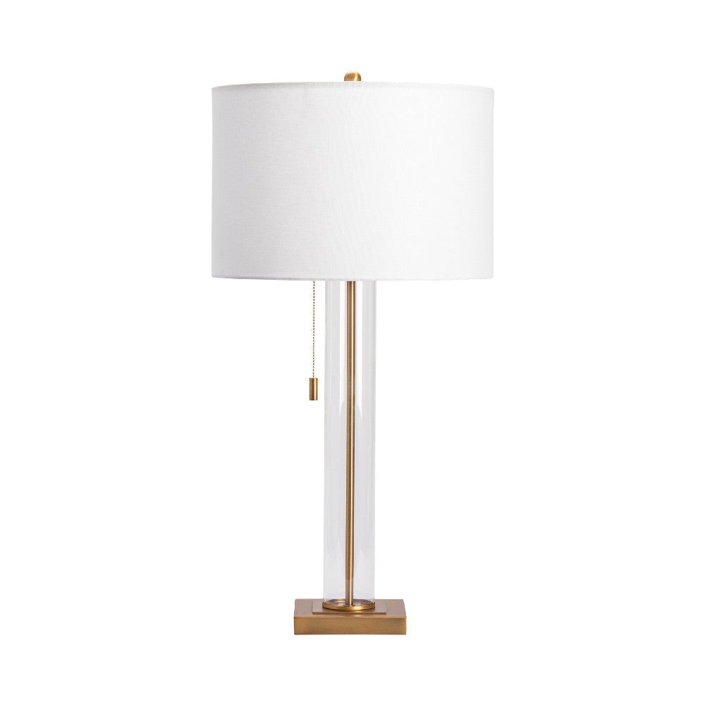 Enly Pull Chain Table Lamp, 30", White Drum Shade, Glass Base
