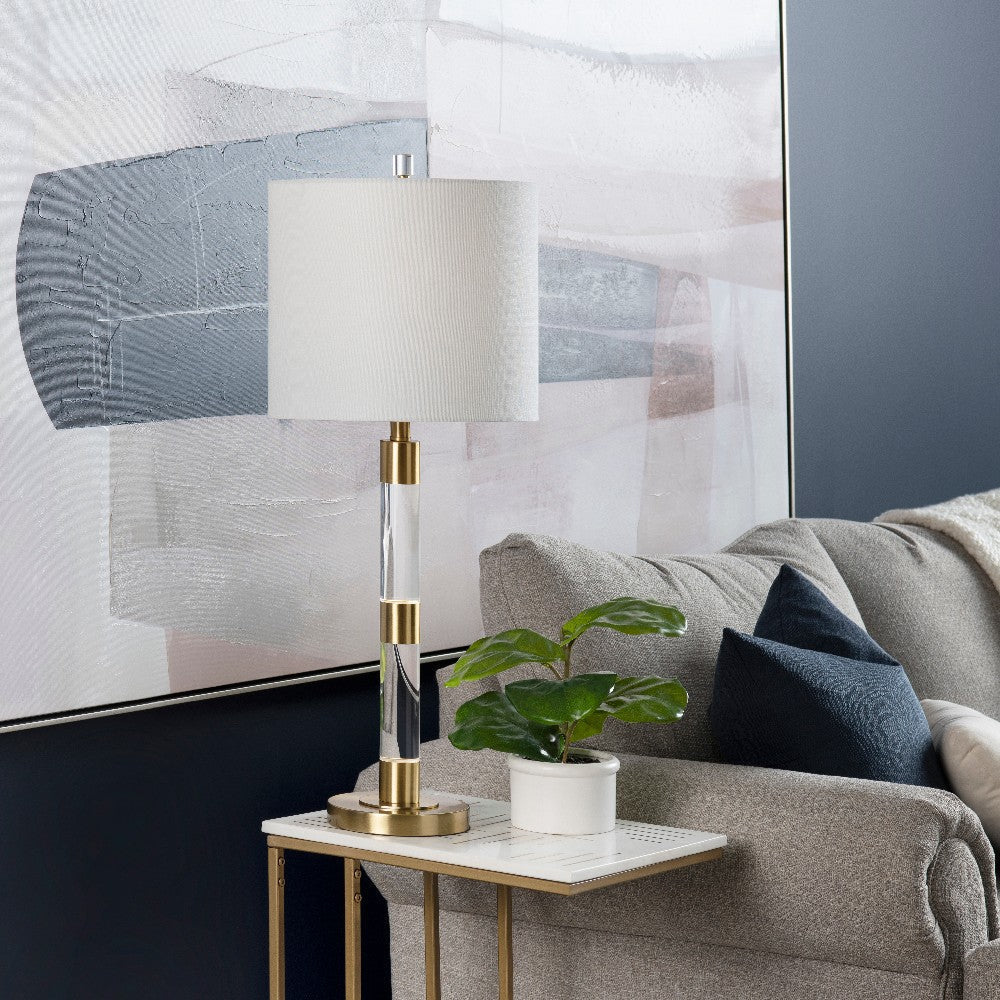 Wina Table Lamp, 33", White Drum Shade, Cylinder Crystal Base