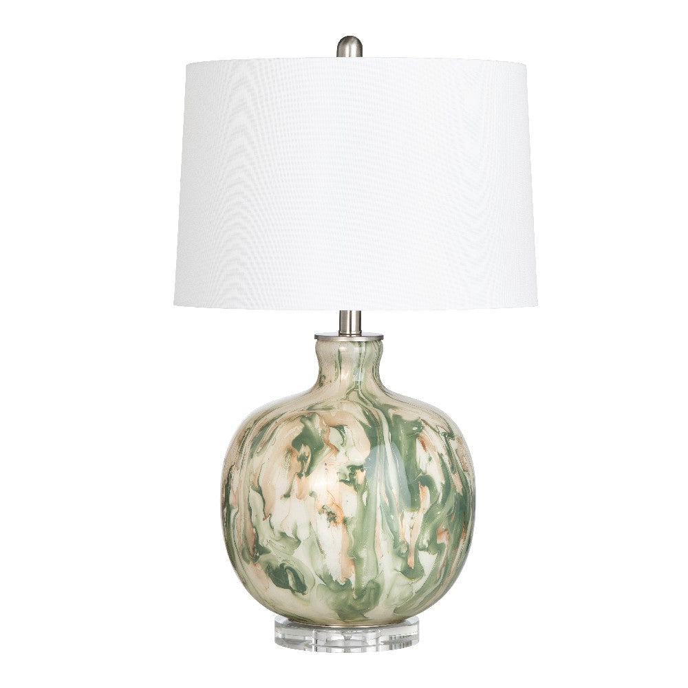 Avy Table Lamp, 27", White Drum Shade, Green and Cream Glass Base