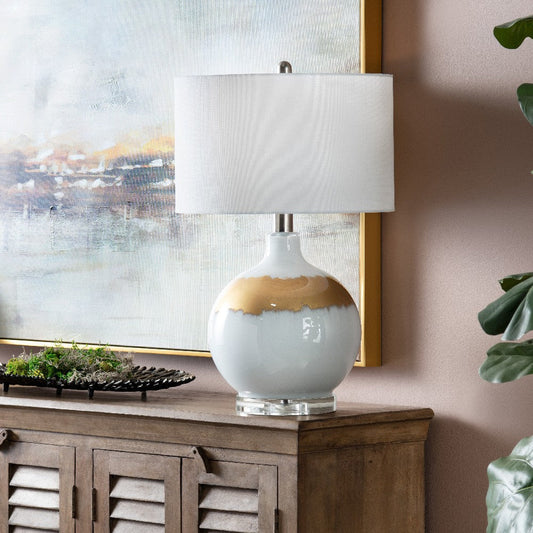 Dano Table Lamp, 28", White Drum Shade, Glass White and Gold Base