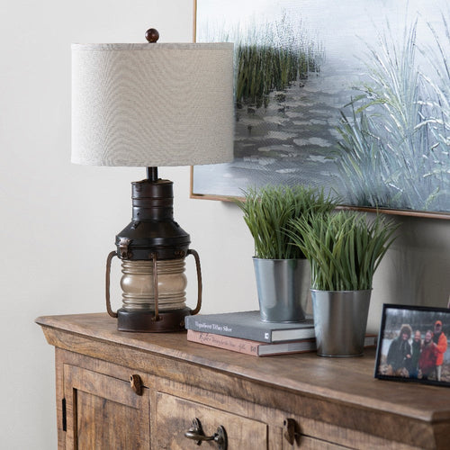 Lany Accent Table Lamp | 27" | Oatmeal Shade | Bronze Lantern Base