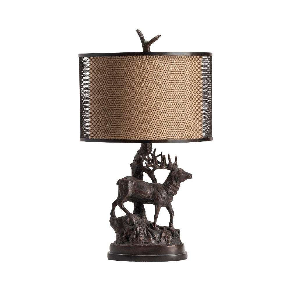 Hew Table Lamp Set of 2 | 28" Brown Linen Shade w Metal Mesh | Resin