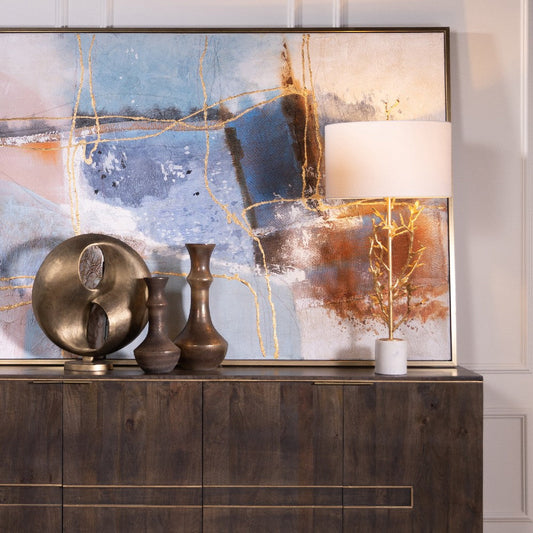 Table Lamp | White Silk Shade | 38" Gold Metal Branch, White Marble