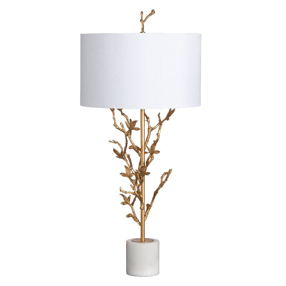 Table Lamp | White Silk Shade | 38" Gold Metal Branch, White Marble