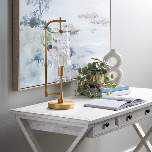 Modern Table Lamp w Rippled Glass Shade | 24" Gold Metal Frame