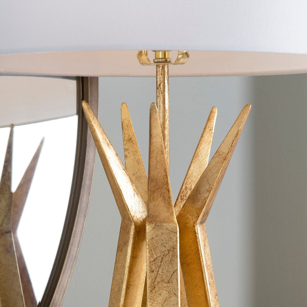 Table Lamp | Tan Linen Shade | 36" Greek Style Angled Gold Base