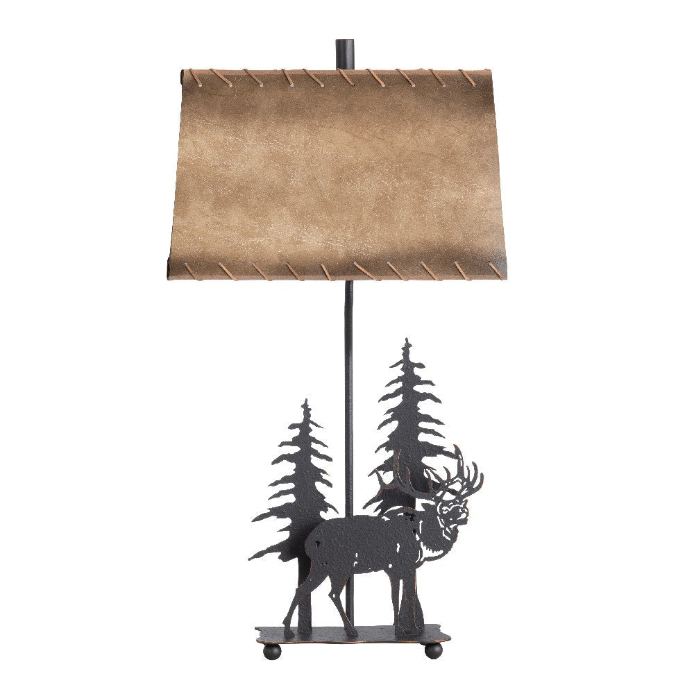 Table Lamp Set of 2 | Laser Cut Stag, Pine I Tan Faux Leather Shade 32"