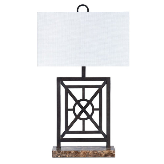 Table Lamp with Black Metal Treillage | White Linen Rectangular Shade