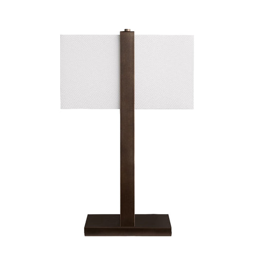 Table Lamp | White Rectangular Linen Shade and Bronze Metal Posts