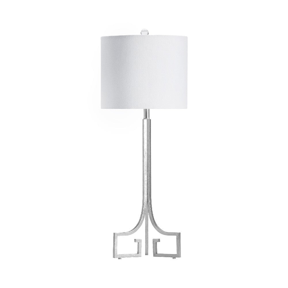 Zoa Table Lamp | White Linen Shade | 34" Greek Inspired Silver Metal