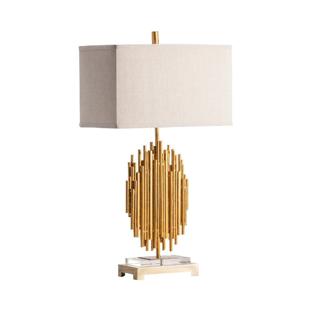 Table Lamp | 31" Stacked Gold Metal Rod Base | Beige Linen Shade