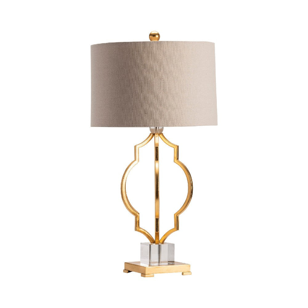 Table Lamp | Tan Linen Drum Shade | 34" Sculptural Gold Metal Base