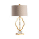 Table Lamp | Tan Linen Drum Shade | 34" Sculptural Gold Metal Base