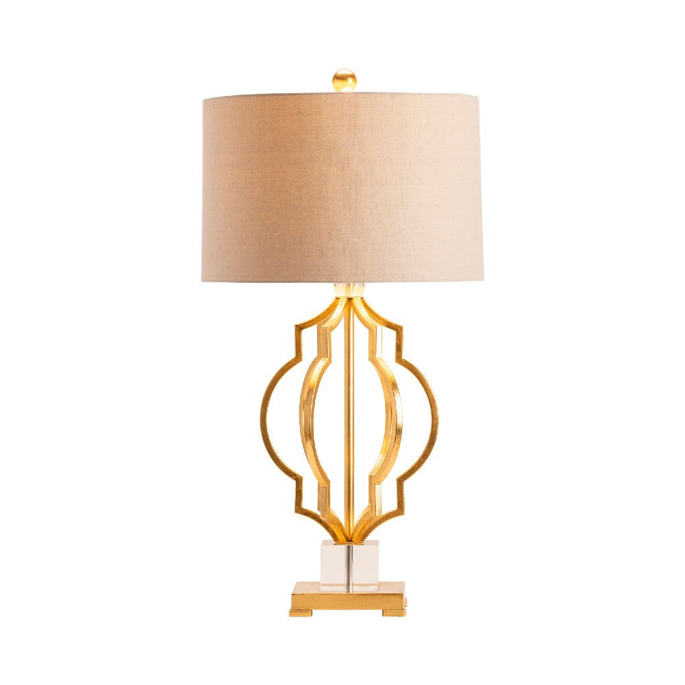 Table Lamp | Tan Linen Drum Shade | 34’’ Sculptural Gold Metal Base CCL-CVAER994