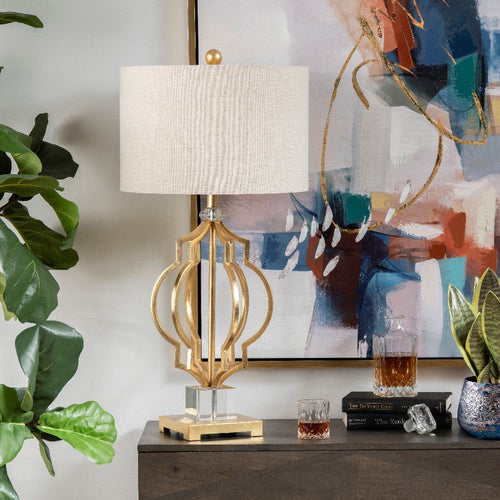 Table Lamp | Tan Linen Drum Shade | 34" Sculptural Gold Metal Base