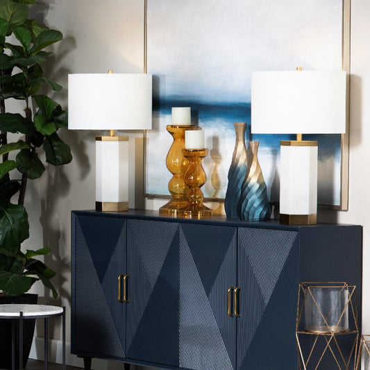 Table Lamp | Faux Alabaster Body | Brass Accents | White Linen Shade