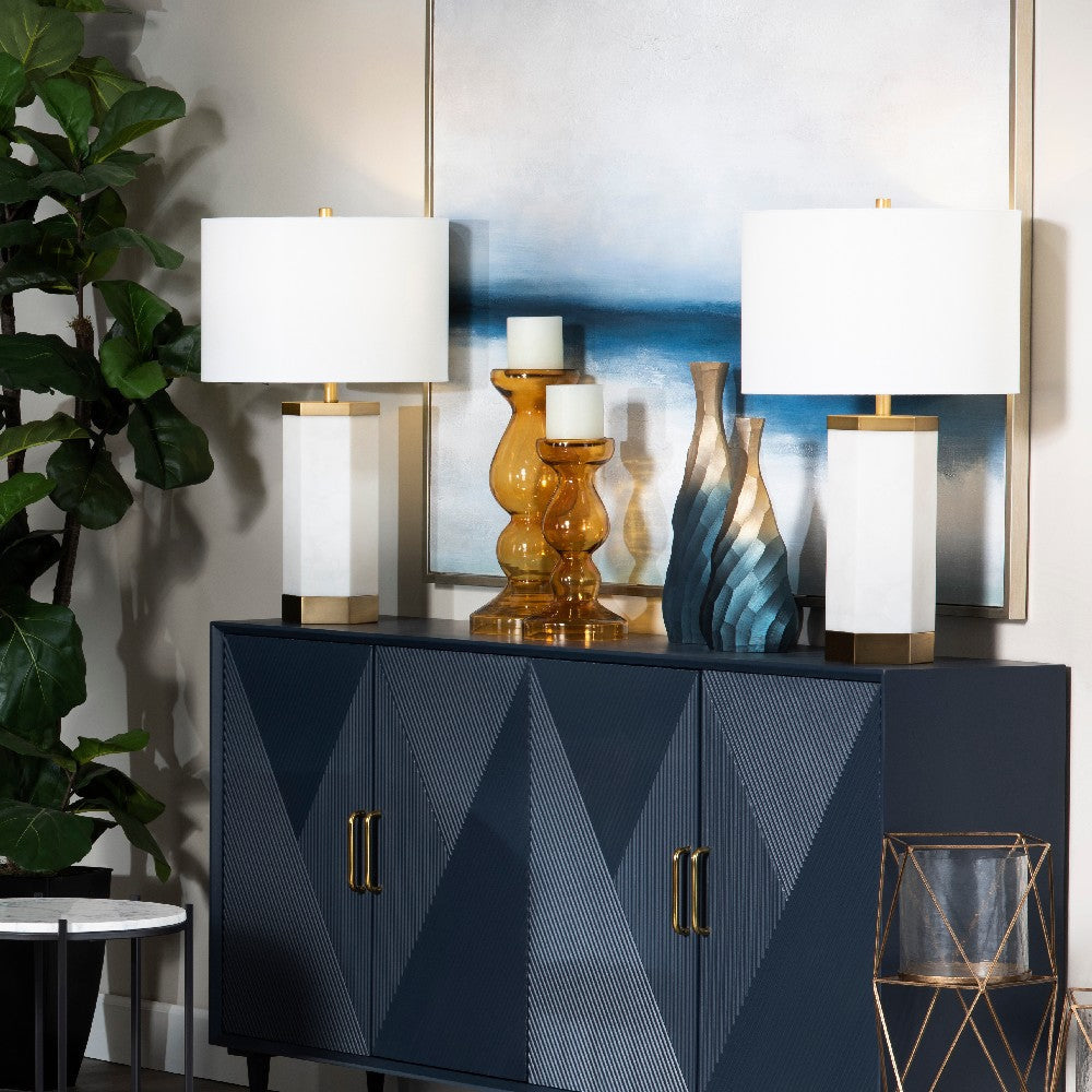 Table Lamp | Faux Alabaster Body | Brass Accents | White Linen Shade